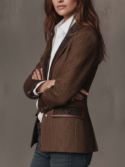 Damen Fischgrät-Blazer mit Bedruckten Paneelen