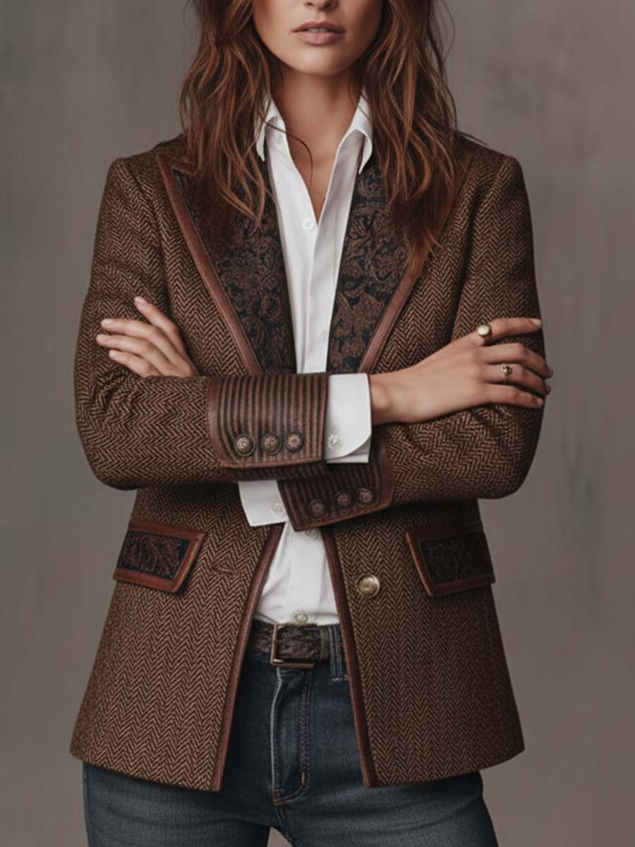 Damen Fischgrät-Blazer mit Bedruckten Paneelen