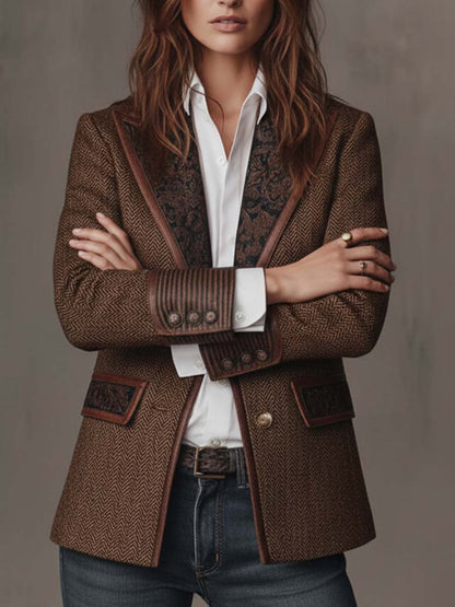 Damen Fischgrät-Blazer mit Bedruckten Paneelen