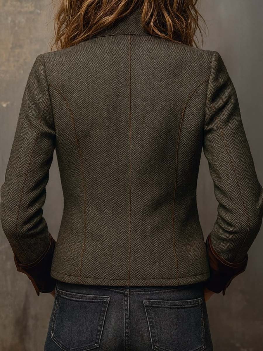 Damen Retro Fischgrät-Blazer mit Kontrast-Abschluss