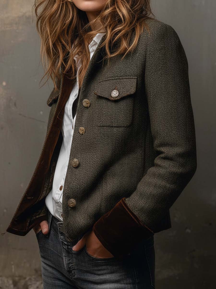 Damen Retro Fischgrät-Blazer mit Kontrast-Abschluss