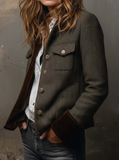 Damen Retro Fischgrät-Blazer mit Kontrast-Abschluss