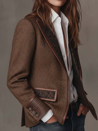 Damen Fischgrät-Blazer mit Bedruckten Paneelen