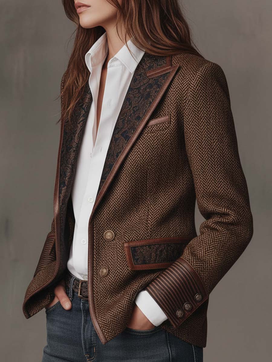Damen Fischgrät-Blazer mit Bedruckten Paneelen