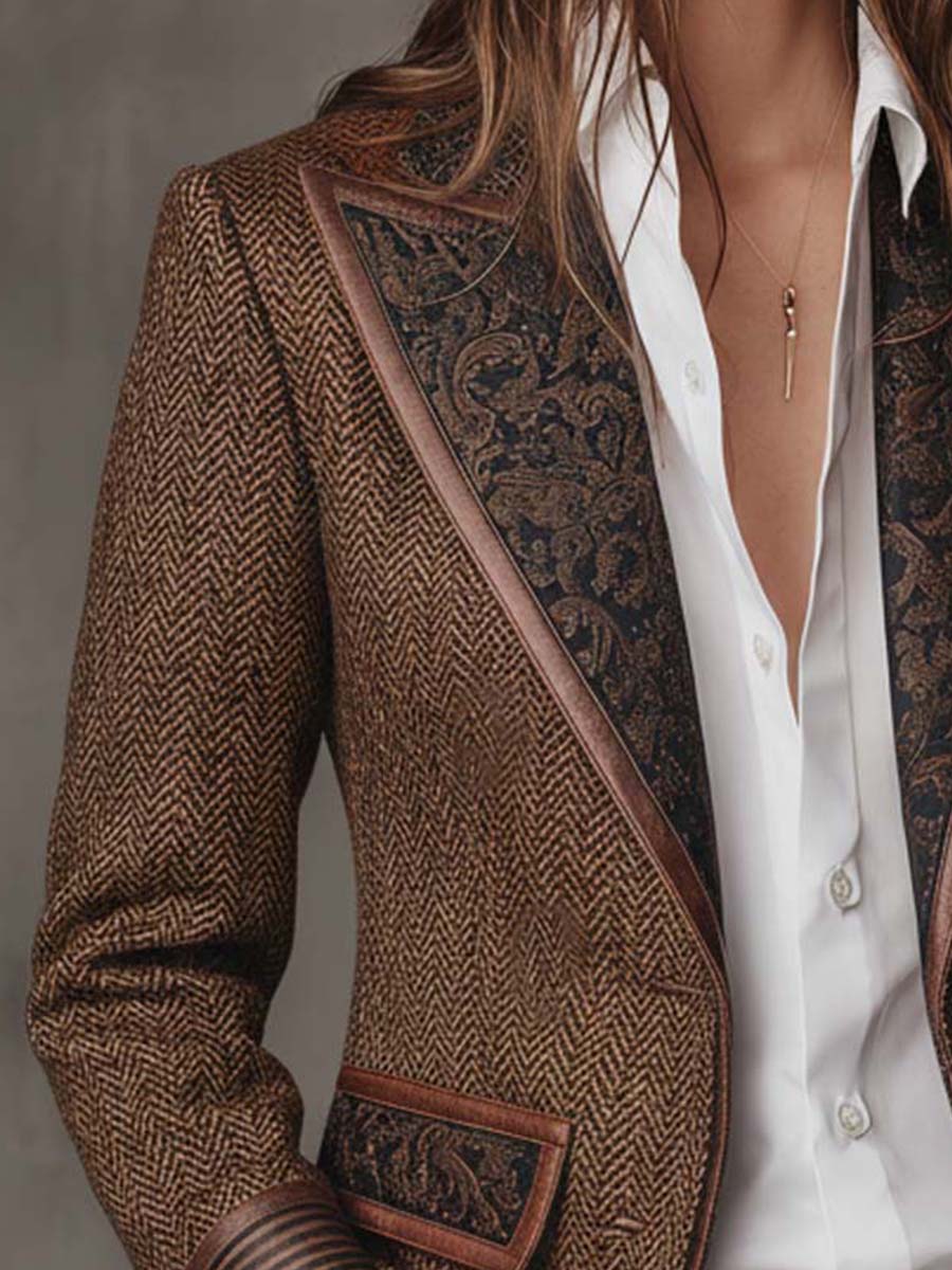 Damen Fischgrät-Blazer mit Bedruckten Paneelen