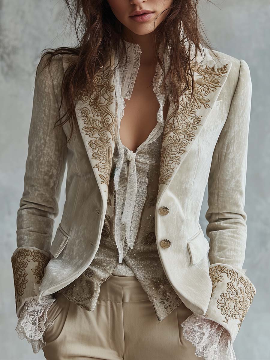 Damen Bestickter Elfenbein-Blazer