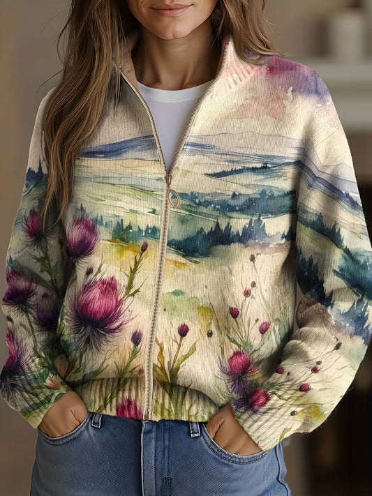 Zelda™ | Reißverschluss-Strickjacke mit Schottischer Distel