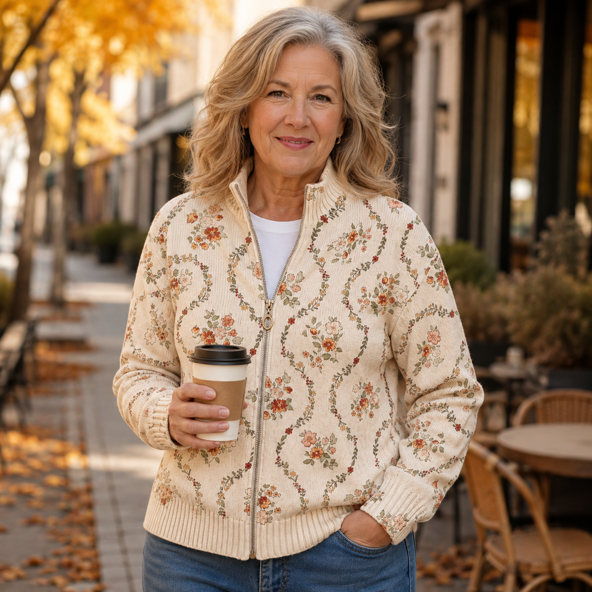 Persephone™ | Reißverschluss-Strickjacke mit Cremefarbenen Blüten