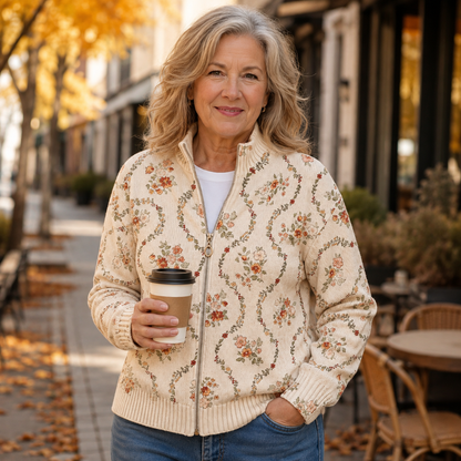 Persephone™ | Reißverschluss-Strickjacke mit Cremefarbenen Blüten