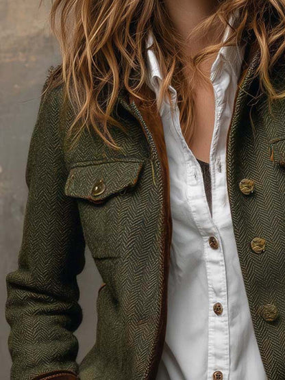 Damen Retro Fischgrät-Blazer mit Kontrast-Abschluss