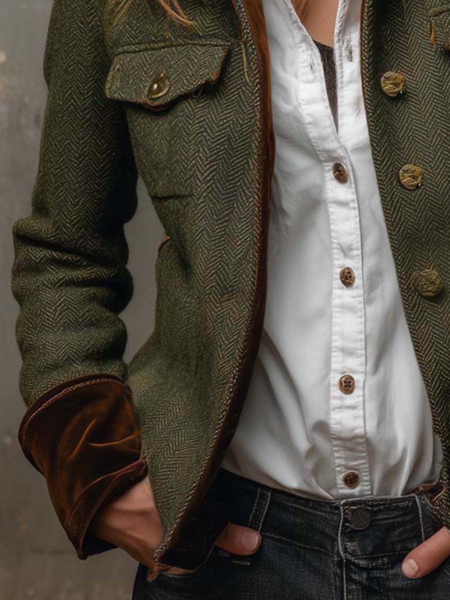 Damen Retro Fischgrät-Blazer mit Kontrast-Abschluss