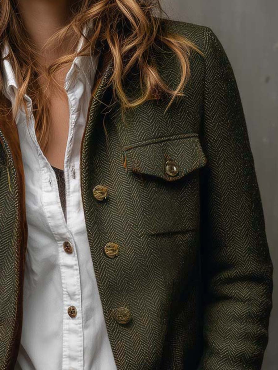 Damen Retro Fischgrät-Blazer mit Kontrast-Abschluss