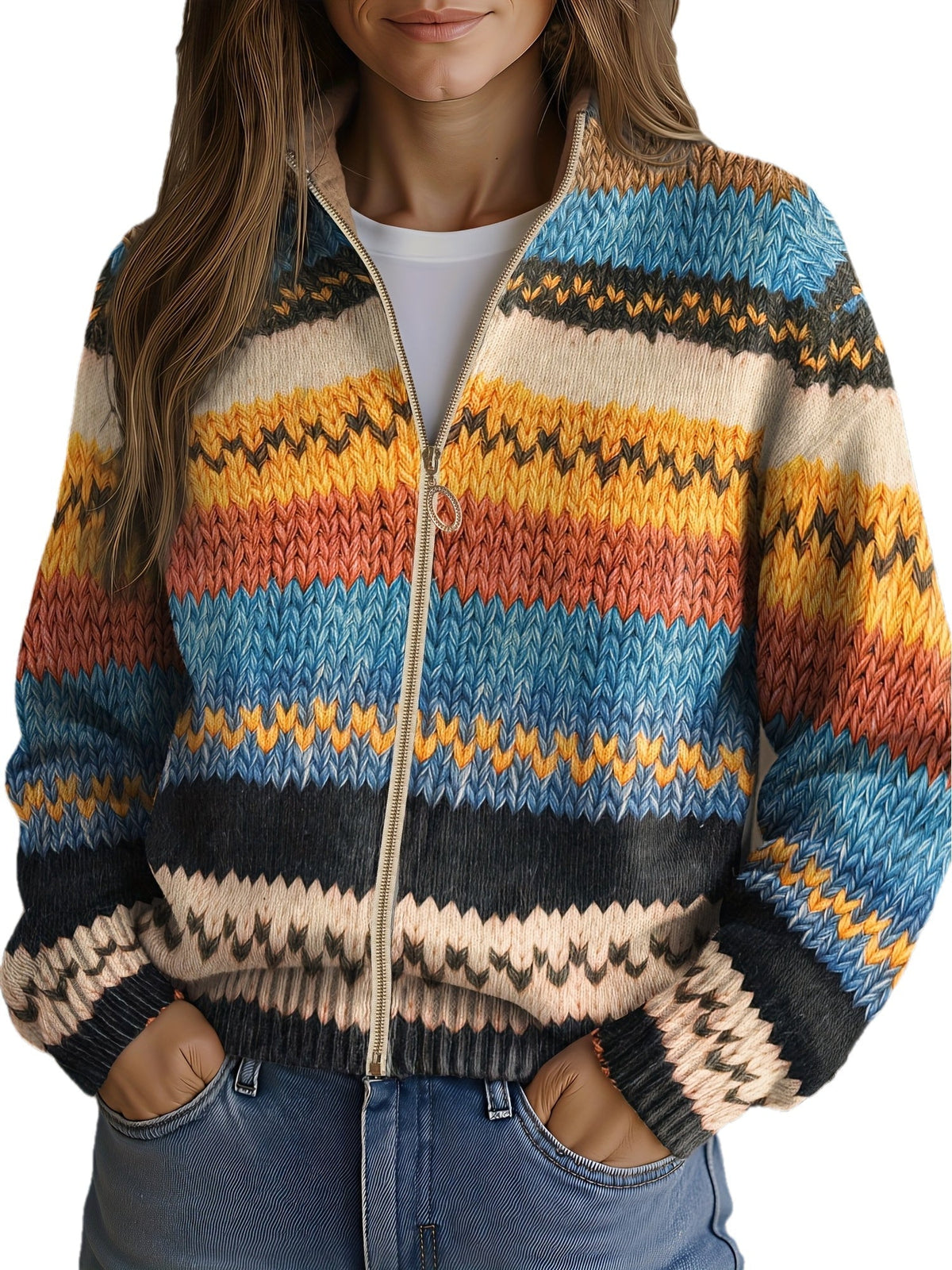 Yseult™ | Reißverschluss-Strickjacke mit Buntem Zickzack-Muster