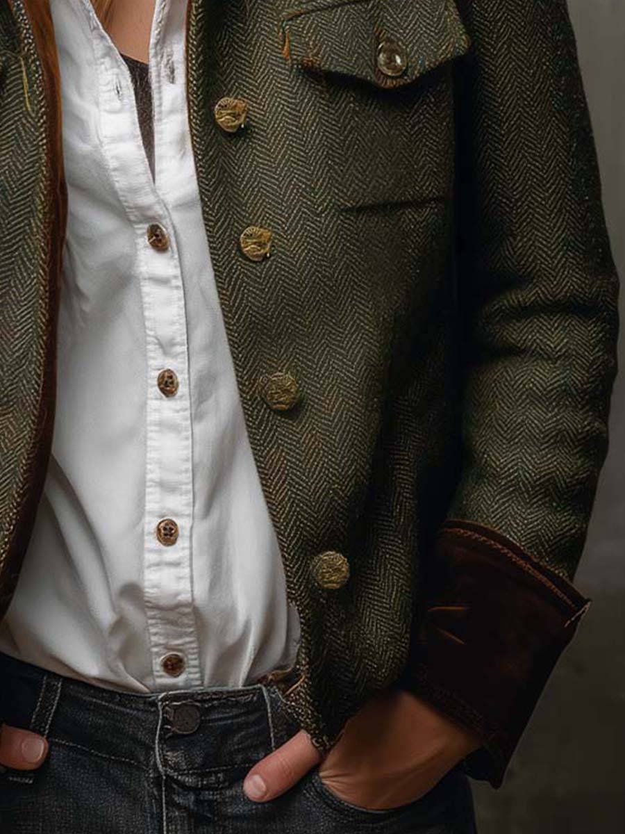 Damen Retro Fischgrät-Blazer mit Kontrast-Abschluss