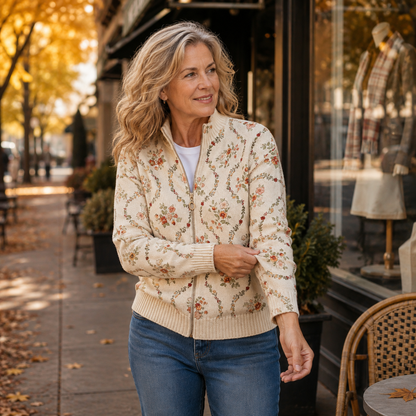 Persephone™ | Reißverschluss-Strickjacke mit Cremefarbenen Blüten