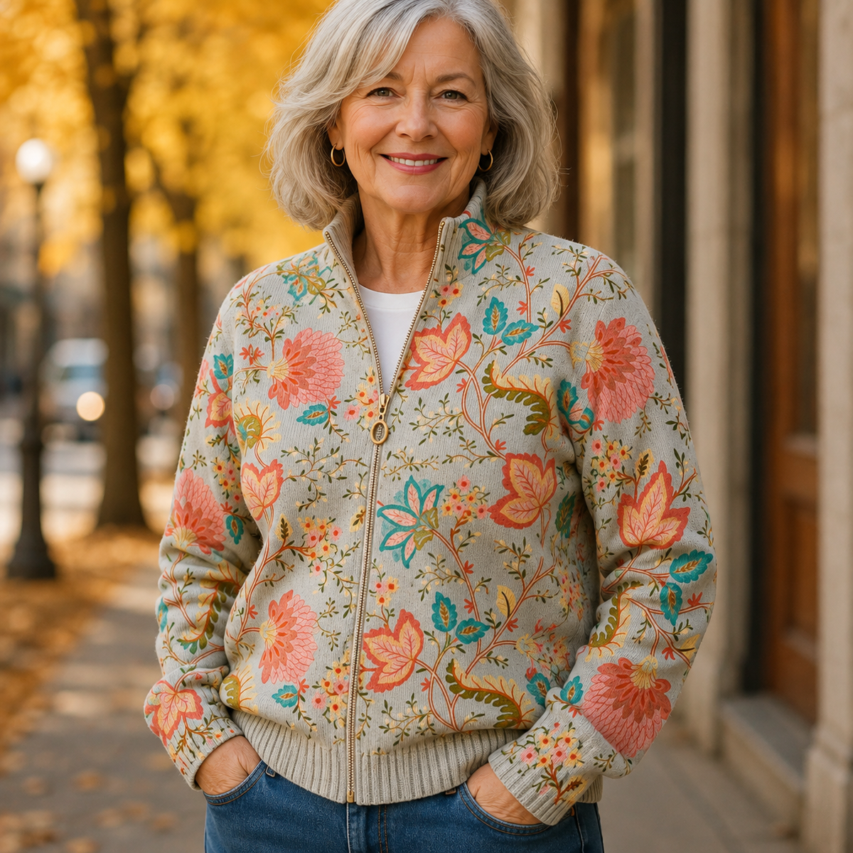 Xanthe™ | Reißverschluss-Strickjacke mit Vintage-Blumengarten