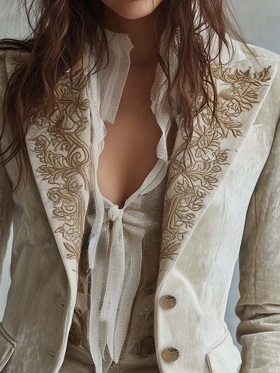 Damen Bestickter Elfenbein-Blazer