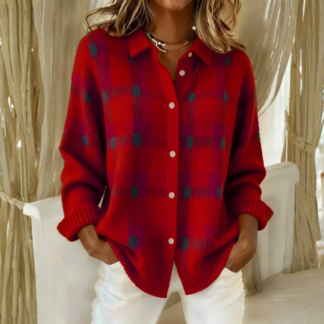 Emilia™ | Karierte Strickjacke – Rot