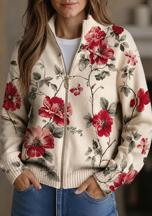 Wilhelmine™ | Reißverschluss-Strickjacke mit Vintage-Rosen