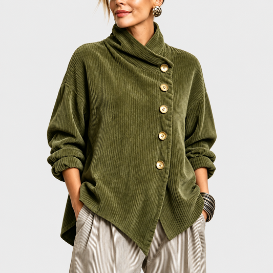 Nina™ | Asymmetrische Samt-Stehkragenbluse mit Knöpfen – Olive