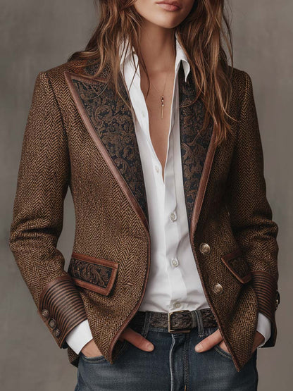 Damen Fischgrät-Blazer mit Bedruckten Paneelen