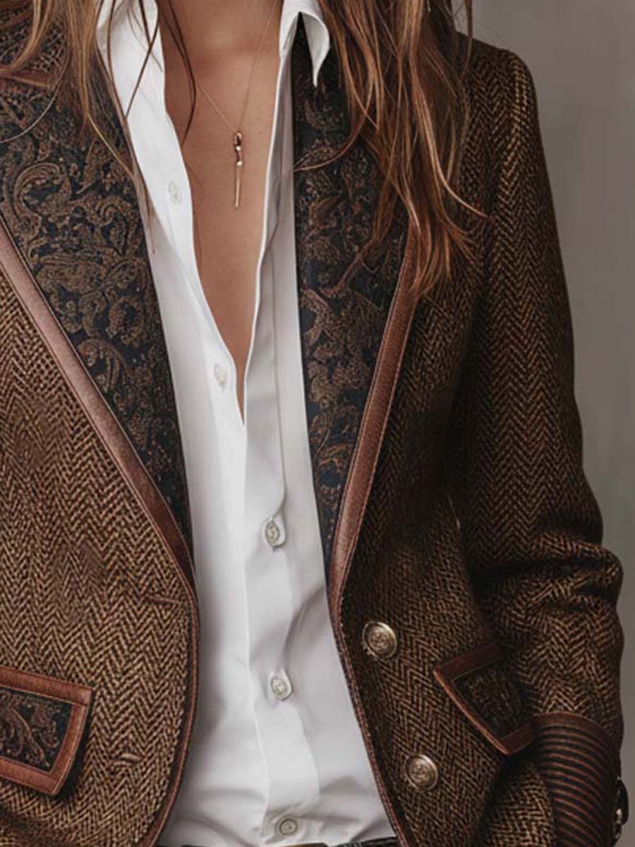 Damen Fischgrät-Blazer mit Bedruckten Paneelen