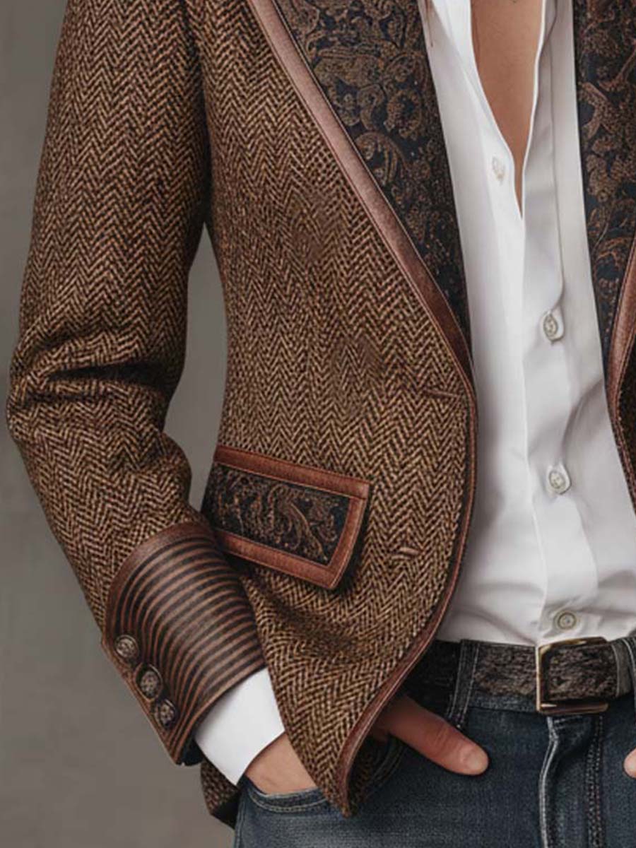 Damen Fischgrät-Blazer mit Bedruckten Paneelen