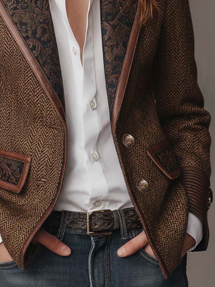 Damen Fischgrät-Blazer mit Bedruckten Paneelen