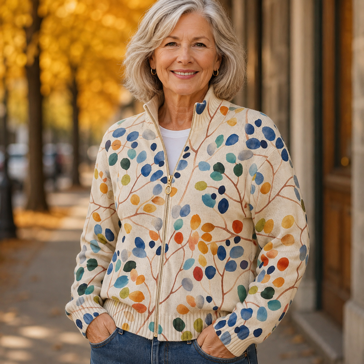 Imogene™ | Reißverschluss-Strickjacke mit Botanischen Blättern