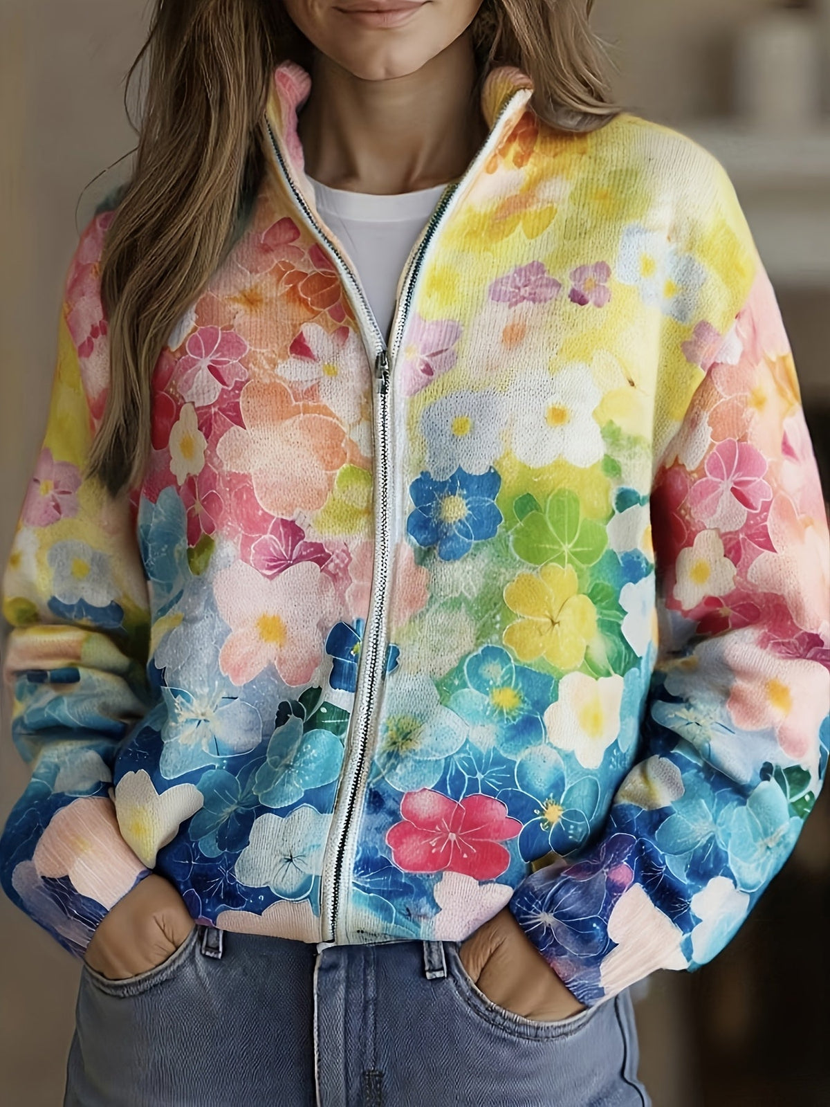 Augusta™ | Reißverschluss-Strickjacke mit Aquarell-Blumenmuster