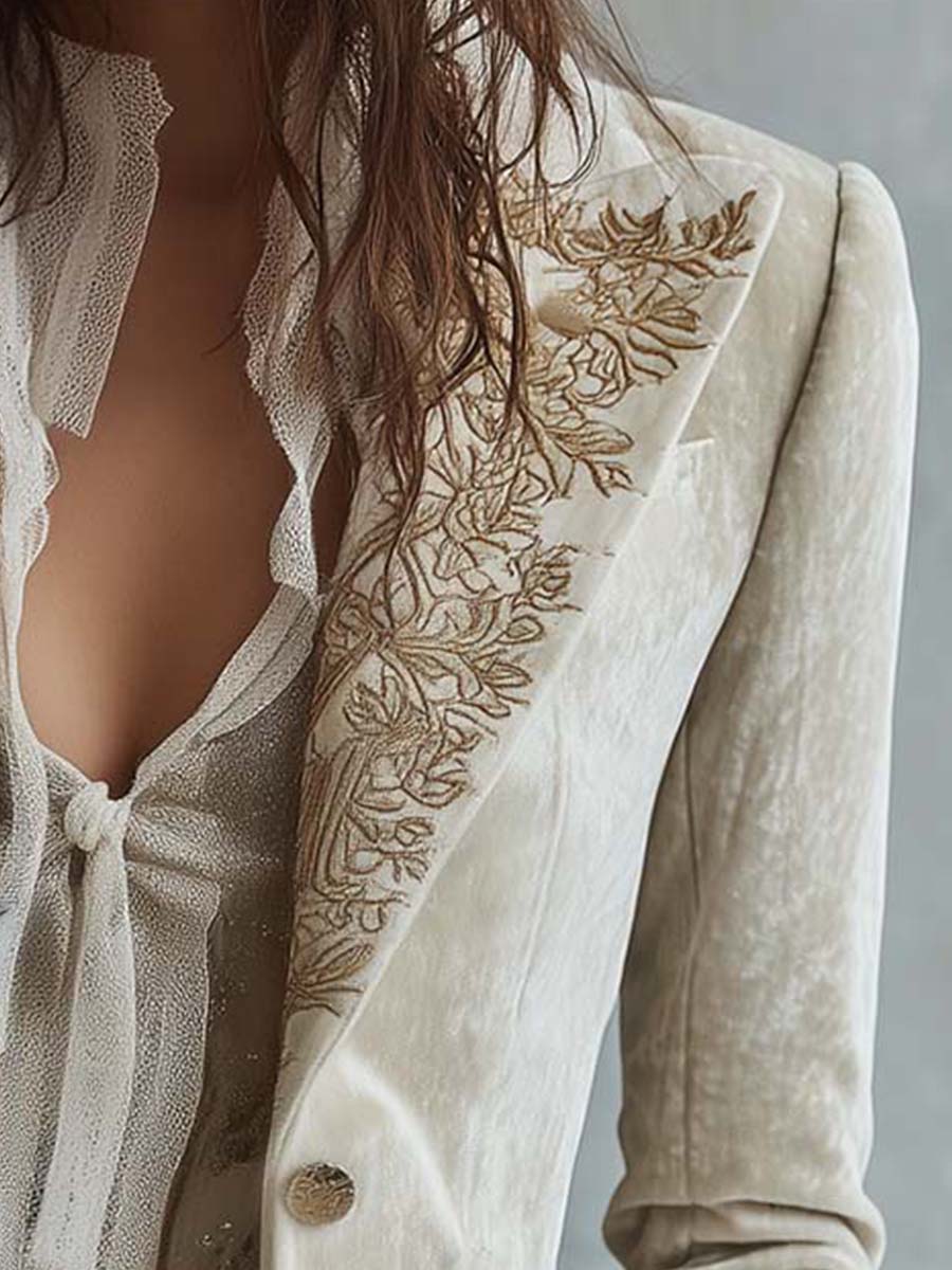 Damen Bestickter Elfenbein-Blazer