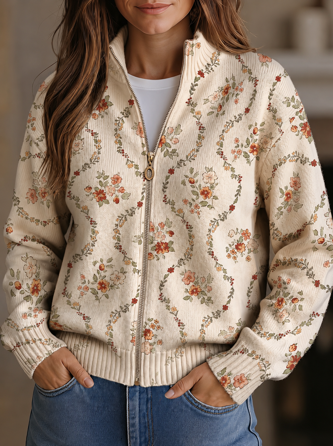 Persephone™ | Reißverschluss-Strickjacke mit Cremefarbenen Blüten