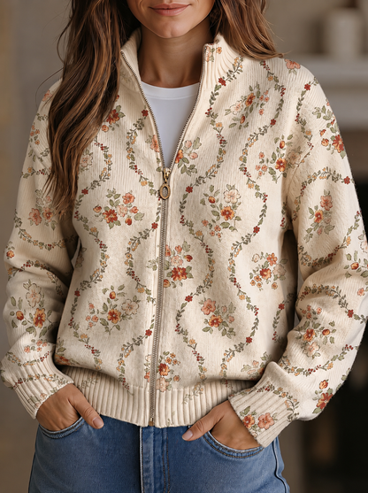Persephone™ | Reißverschluss-Strickjacke mit Cremefarbenen Blüten