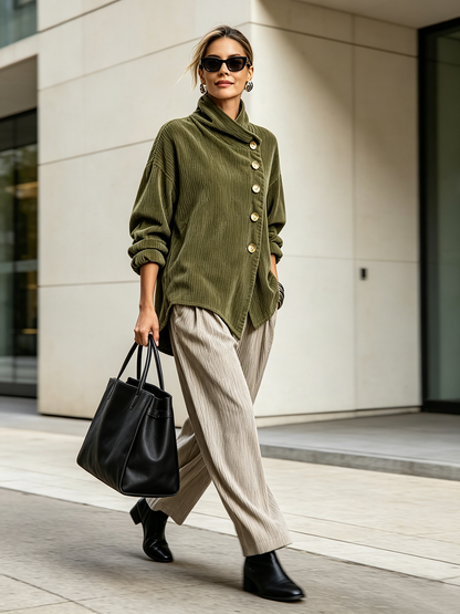 Nina™ | Asymmetrische Samt-Stehkragenbluse mit Knöpfen – Olive