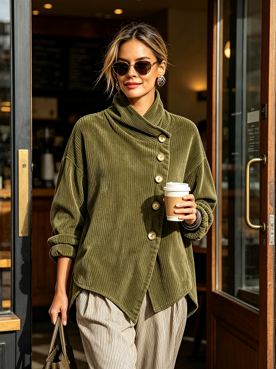 Nina™ | Asymmetrische Samt-Stehkragenbluse mit Knöpfen – Olive