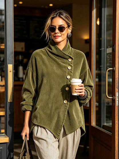 Nina™ | Asymmetrische Samt-Stehkragenbluse mit Knöpfen – Olive