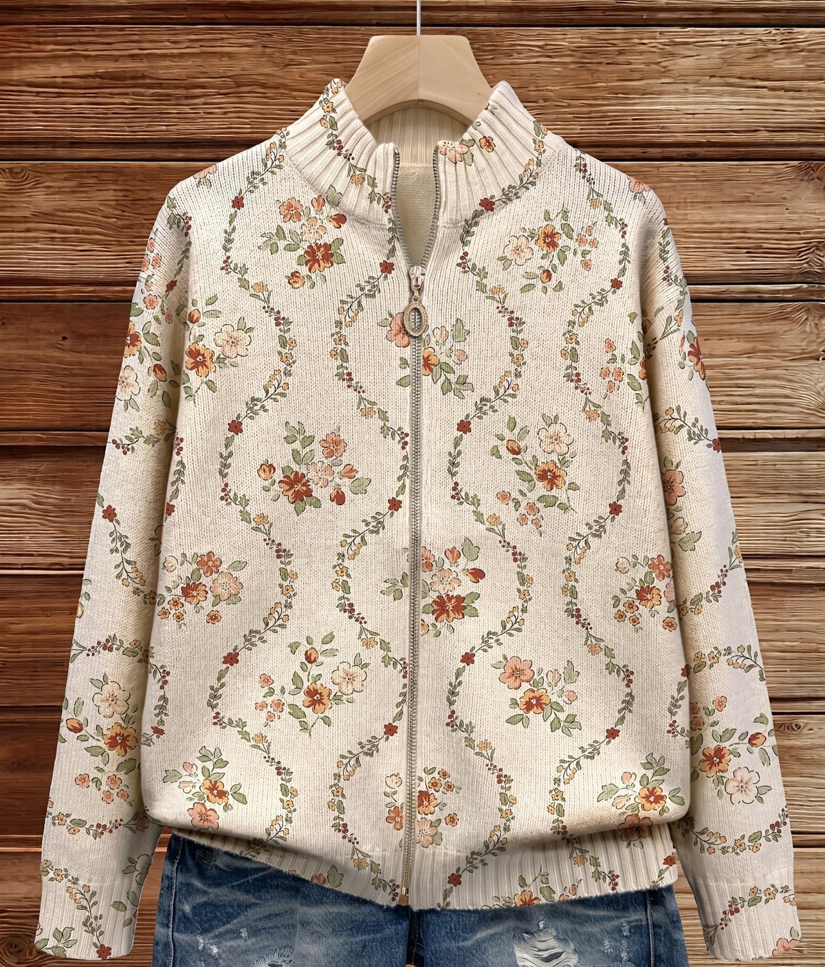 Persephone™ | Reißverschluss-Strickjacke mit Cremefarbenen Blüten