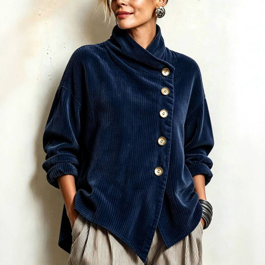 Nina™ | Asymmetrische Samt-Stehkragenbluse mit Knöpfen – Marineblau