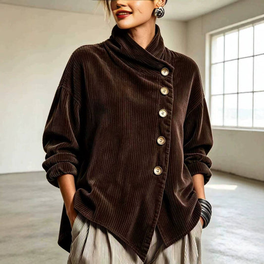 Nina™ | Asymmetrische Samt-Stehkragenbluse mit Knöpfen – Dunkelbraun