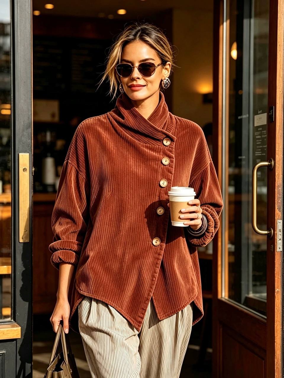 Nina™ | Asymmetrische Samt-Stehkragenbluse mit Knöpfen – Rostbraun
