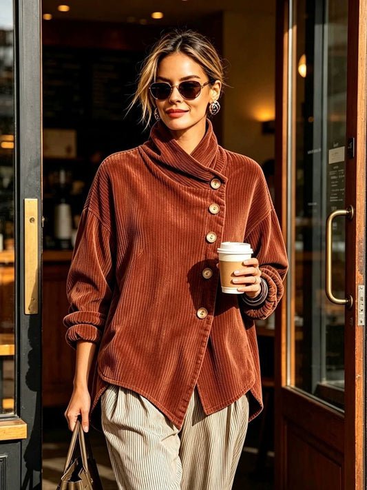 Nina™ | Asymmetrische Samt-Stehkragenbluse mit Knöpfen – Rostbraun