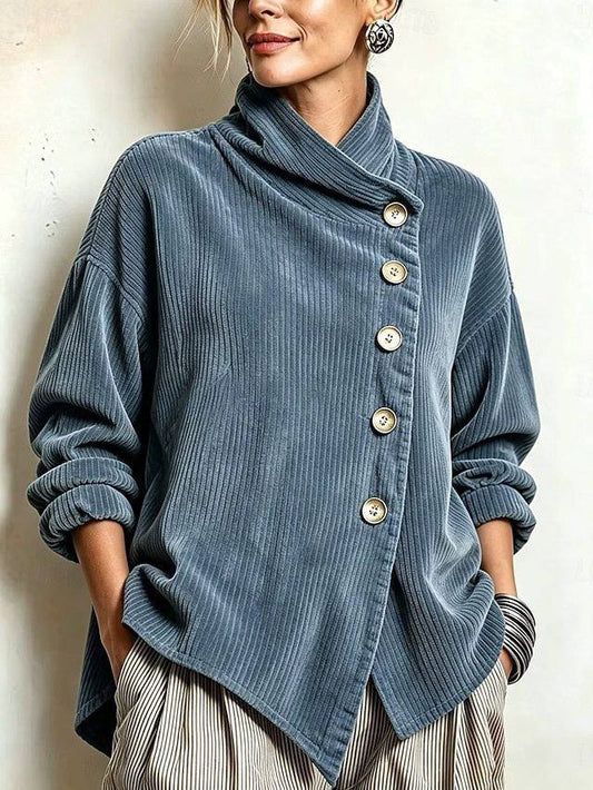 Nina™ | Asymmetrische Samt-Stehkragenbluse mit Knöpfen – Graublau