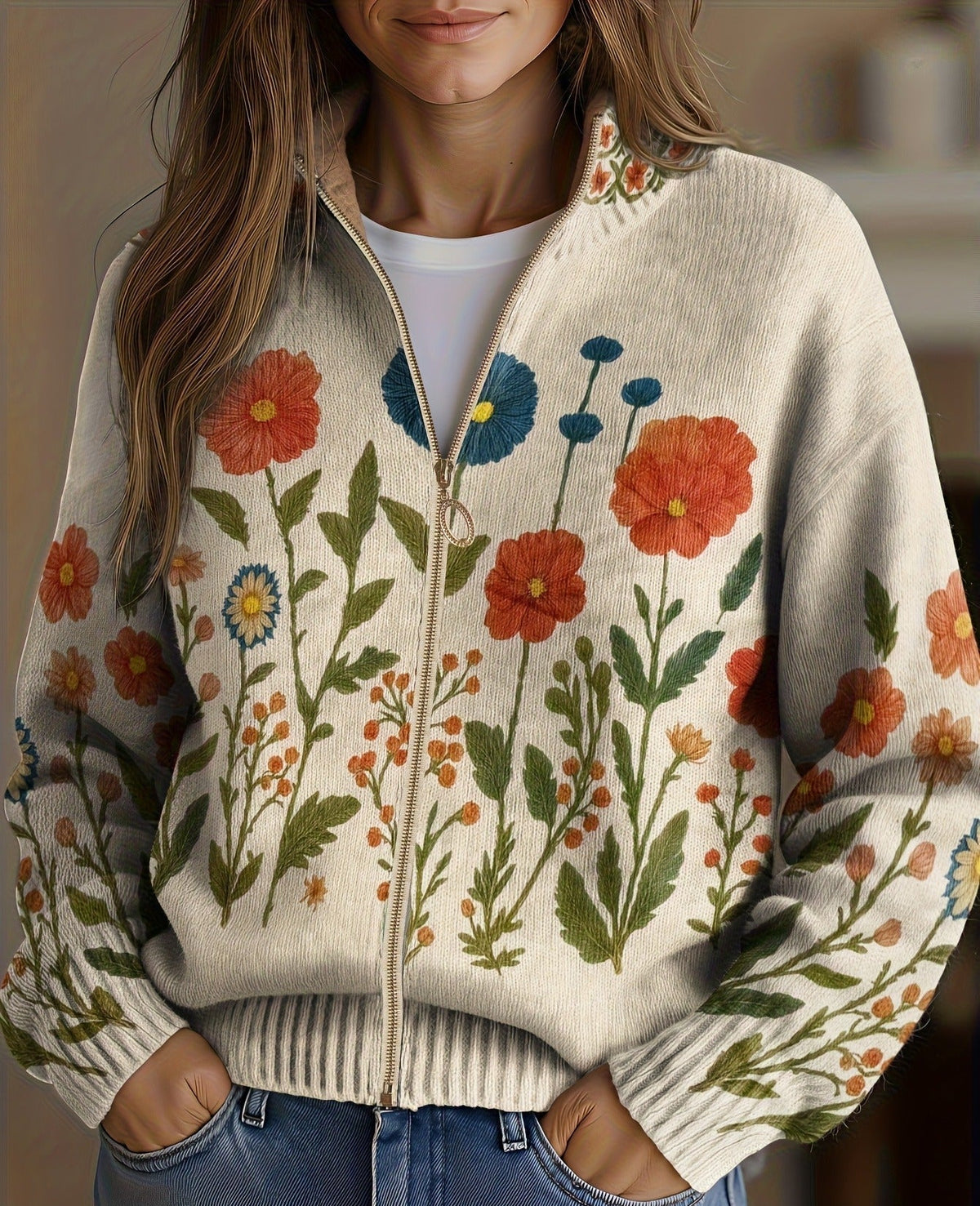 Wrenna™ | Reißverschluss-Strickjacke mit Wildblumen